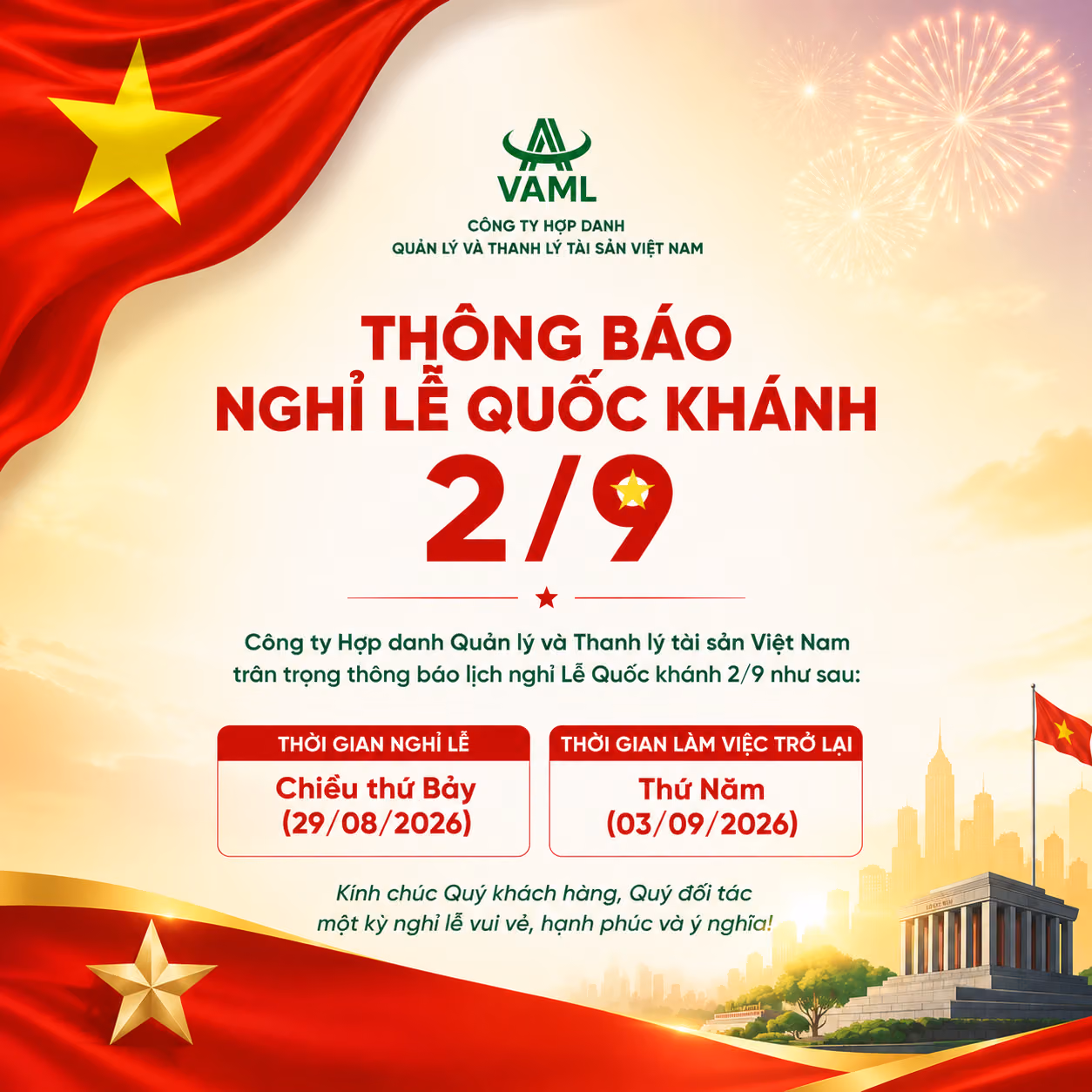 THÔNG BÁO LỊCH NGHỈ LỄ QUỐC KHÁNH 02/09