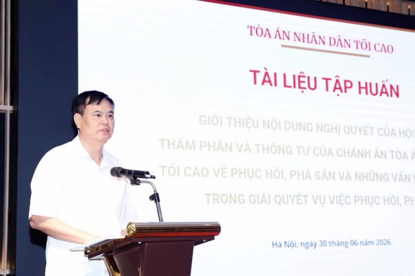 Thẩm phán Tòa án nhân dân tối cao Trần Hồng Hà phát biểu tại Hội nghị. (Nguồn: Toaan.gov.vn)